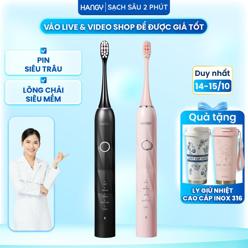 Bàn chải điện HANGY HY23PRO công nghệ sóng âm thông minh, hỗ trợ cải thiện độ trắng răng và hỗ trợ cải thiện mảng bám. Bảo hành 2 năm - lỗi 1 đổi 1 trong 1 năm. Tặng kèm 4 đầu chải