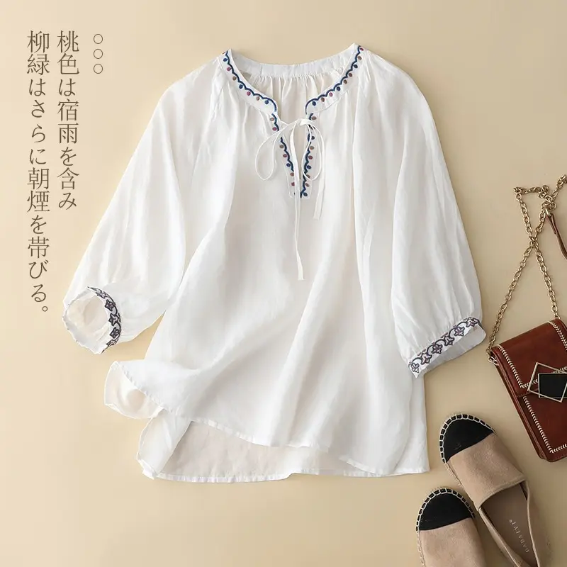 Áo Mùa Hè, Hàng Mới Về, Làm Bằng Vải Lanh Bông, Thêu Cổ Chữ V, Tay Áo Cropped Xén, Dáng Rộng Vừa Vặn, Thoải Mái Cho Phụ Nữ, Đường Viền Cổ Áo Áo Buộc Dây, Có Cỡ Lớn