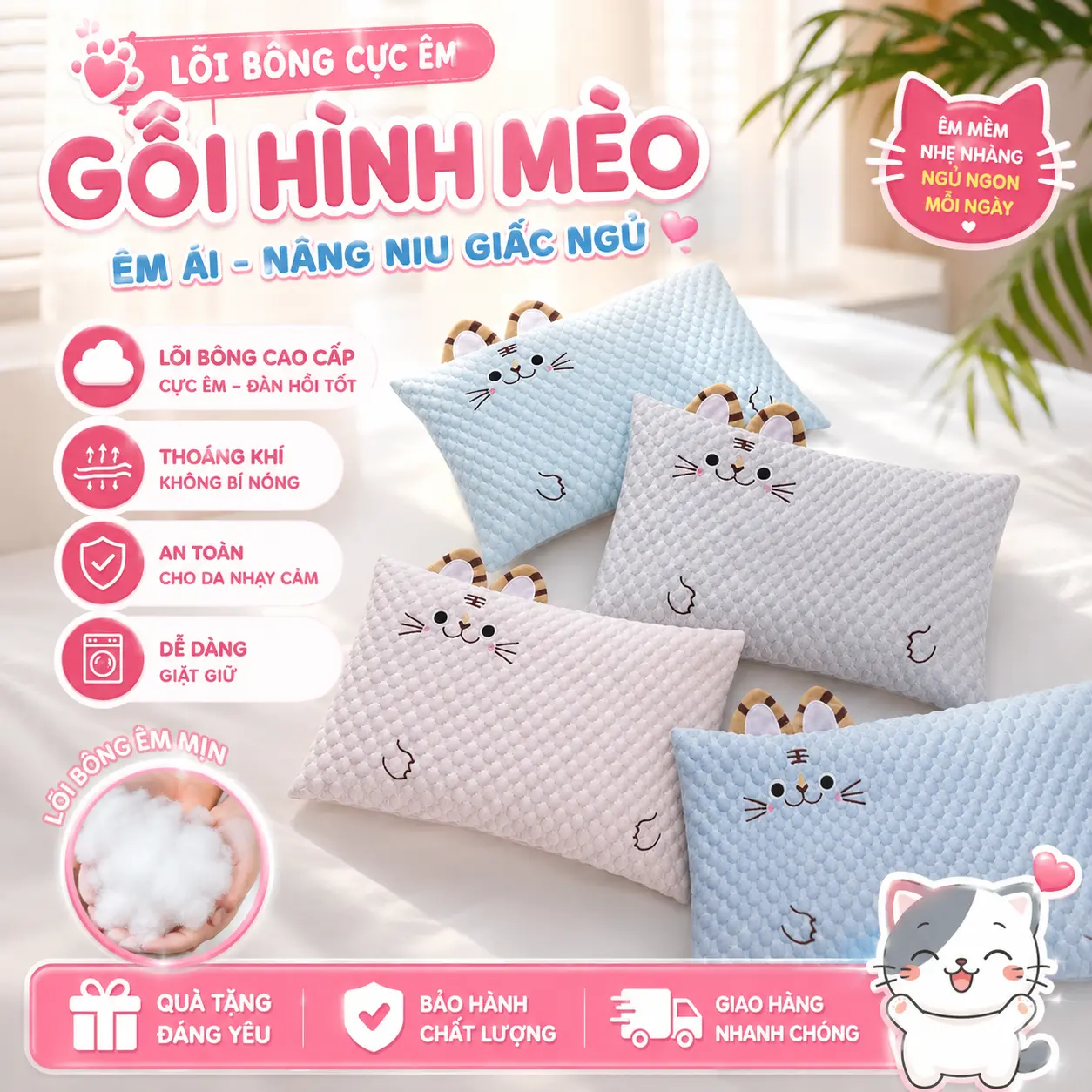 ( GỐI HOT )[ HÀNG LOẠI XỊN ] Gối trẻ em. Gối MÈO băng BABY POPYBABYSHOP. Gối cho bé Mẫu Giáo và Tiểu Học. Ruột lõi Bông Hơi cực êm. Kt:30x50cm. Cho Bé