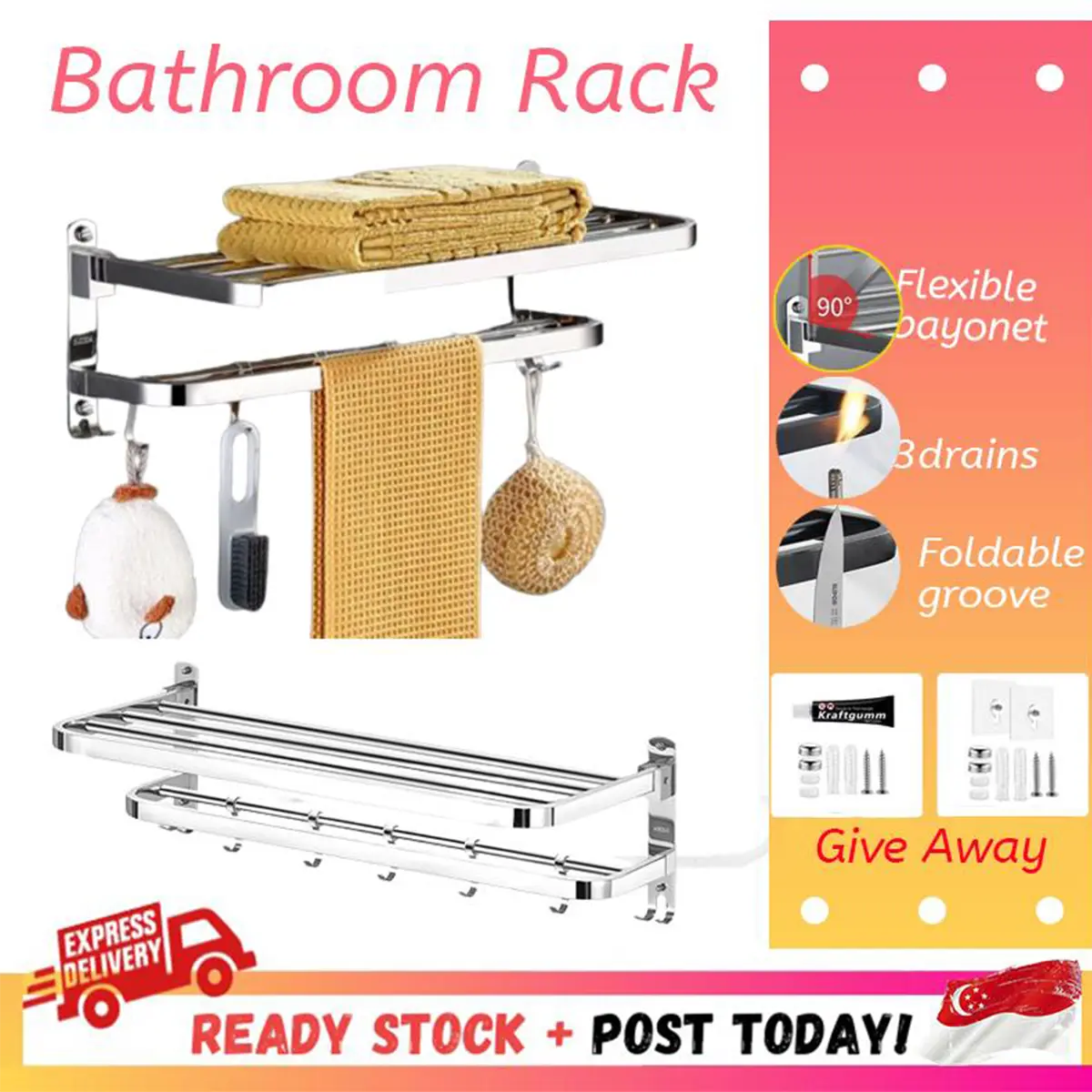 [In Stock]Bathroom Toilet Towel Rack Foldable Faucet Glass Rack Toilet Brush Storage Hooks Hanger Hair dryer Holder