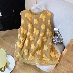 เสื้อกั๊กแขนกุด ลายดอกไม้สีเหลือง สำหรับแจ๊กเก็ต พลัสไซส์ แฟชั่นสตรี ระดับไฮเอนด์ สลิมมิ่ง เสื้อซ่อน ท็อป 2025 ฤดูร้อน มาใหม่