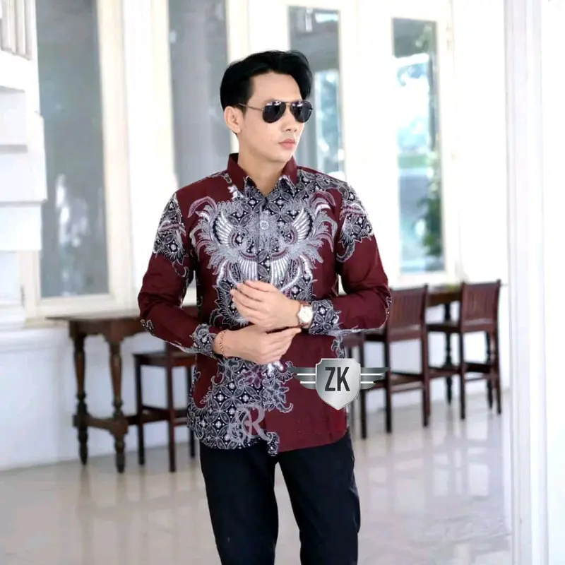 Batik pria dewasa - kemeja warna burgundy -atasan motif tulis burgundi casual panjang pendek Baju Katun Lembut Nyaman Keren Merah Kain 3