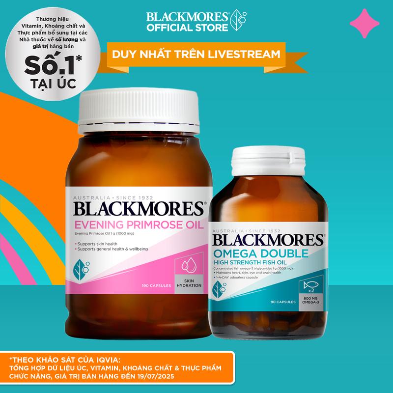  Combo Tinh Dầu Hoa Anh Thảo Hỗ Trợ Cân Bằng Nội Tiết Tố BLACKMORES Evening Primrose Oil Lọ 190 Viên và Viên Uống Dầu Cá Bổ Sung Omega Hỗ Trợ Cho Tim Mắt và Da BLACKMORES DOUBLE Omega HIGH STRENGTH Lọ 90 Viên 