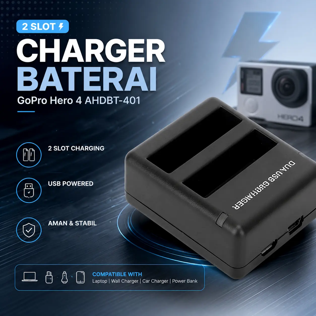 Mutiara Mall - Charger Baterai GoPro | Travel Charger 2 Slot | Charger Kamera Action