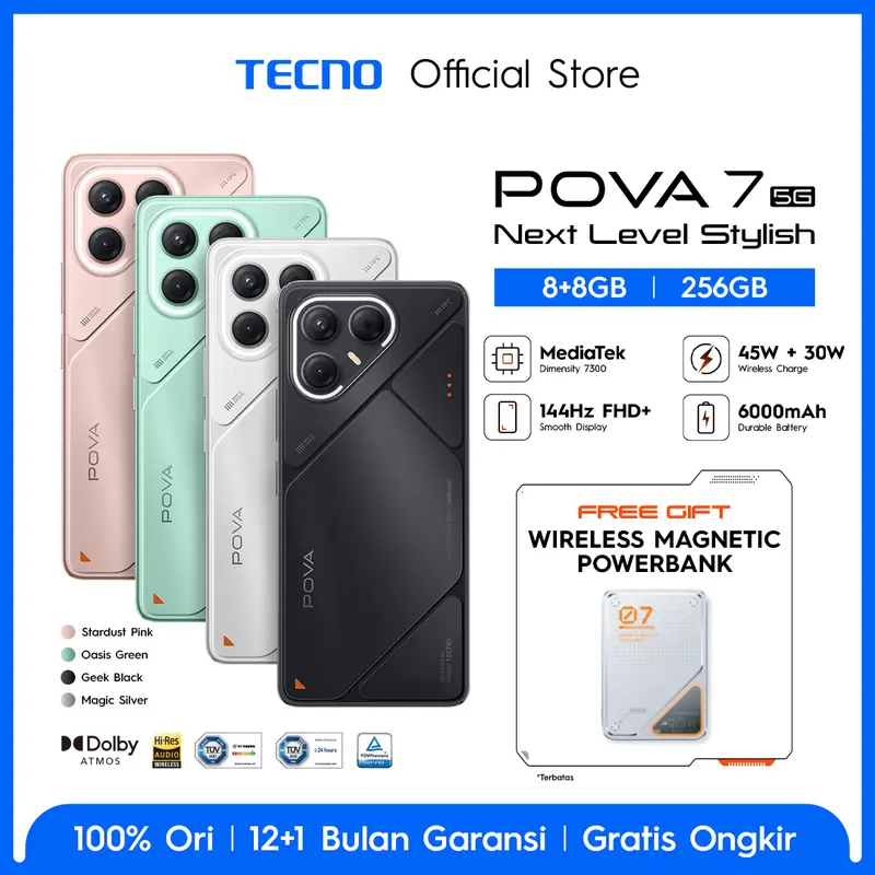 TECNO POVA 7 5G - 8+8GB*/256GB, 6000 mAh, Mediatek D7300 Ultimate, 144Hz Smooth Display , 50MP Primary Camera, Wireless Powerbank, Android 15 - HiOS 15 - POVA7 5G