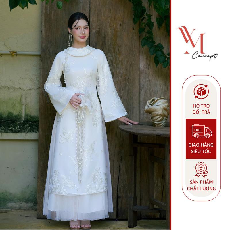  YM Concept Set Áo Dài Cổ Tròn Thêu Hạc Kèm Tua Rua Phối Chân Váy Lưới - Nữ Tính Nhẹ Nhàng Và Duyên Dáng AD1470 