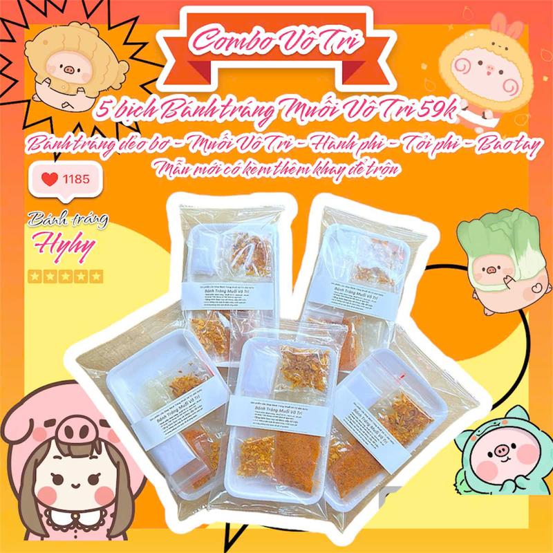 Bánh Tráng MUỐI VÔ TRI nhà HyHy 69K - 5 bịch Bánh Tráng - MUỐI VÔ TRI - HÀNH PHI - TỎI PHI - Ăn Cay chọn thêm SA TẾ TÔM 79K - Đồ Ăn Vặt Snacks Food Thức Ăn combobanh trang