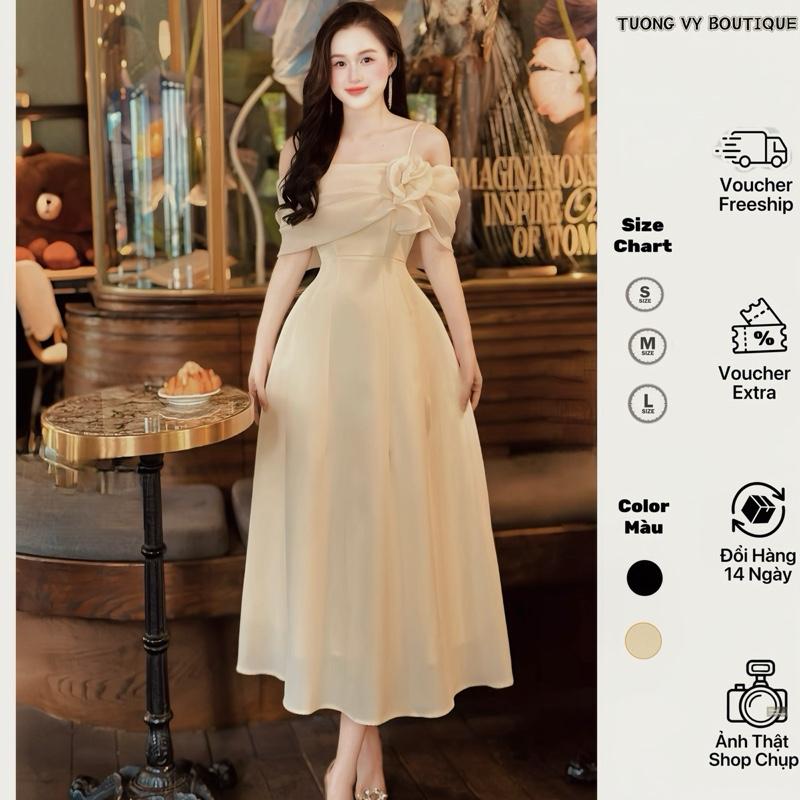    Có Mút & Dây Vai   - Đầm Xinh Dự Tiệc và Đi Chơi Trễ Vai PHỐI TƠ MÀU KEM HAI TẦNG ĐÍNH HOA TRƯỚC Dáng Dài Qua Gối   MẶC 2 KIỂU   Chất  Linen Thai Mềm Mịn Lót Đúp Full Váy Phong Cách Sang Trọng Dành Cho Nữ  - TUONGVYKEM28 Women Dress Nhung Sen 