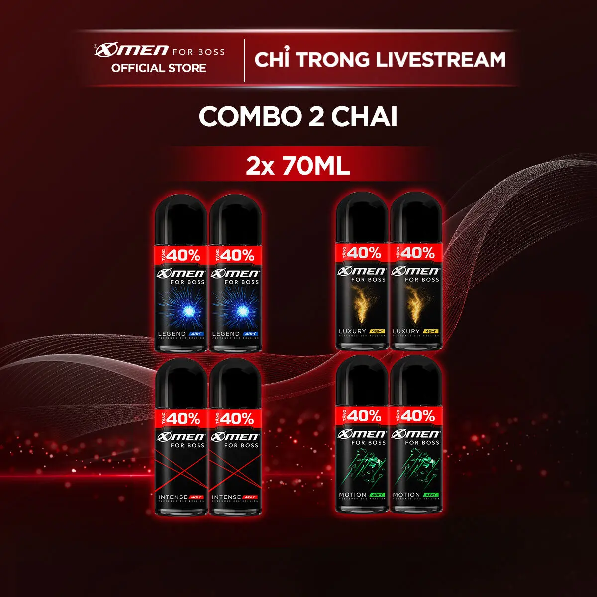 [TĂNG 40% DUNG TÍCH] Combo 2 Lăn khử mùi X-Men For Boss Intense/ Luxury/Legend/Motion 70ml/chai - Hương nước hoa châu Âu