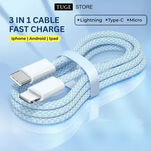 TUGE 3 in 1 Kabel Data Fast Charging Type C to Type C to Lightning Micro iP 1M Cable Charger for iPhone Android Kabel Tipe C USB Panjang Gadget