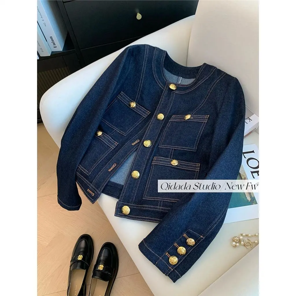 Women's haute couture short loose fitting temperament round neck small fragrant denim jacket