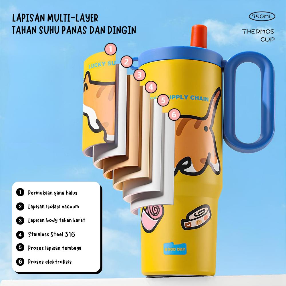 G[EXCLUSIVE FENIHOME ] Funnycook Tumbler/Botol Minum Anak Lucu Stainless Steel SUS 316 Tahan Panas dan Dingin ukuran 750ml Dilengkapi stiker Karakter Lucu Kitchenware