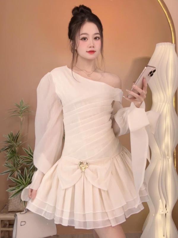 Đầm - Váy babydoll lệch vai phối bèo nhún voan tơ nến cao cấp phong cách tiểu thư sang chảnh D132 size S M 