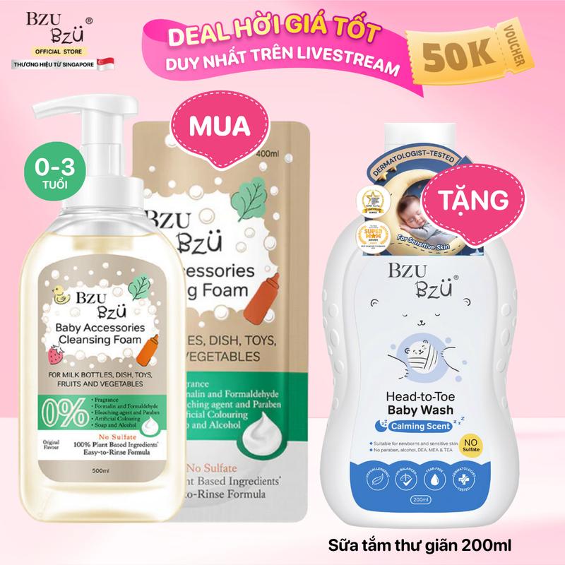 Combo 2 Nước Rửa Bình Sữa, Đồ Dùng Em Bé BZU BZU Baby Accessories Cleansing Foam Tạo Bọt Không Mùi 1 Chai 500ml & 1 Túi 400ml Cho Bé Rửa Bình
