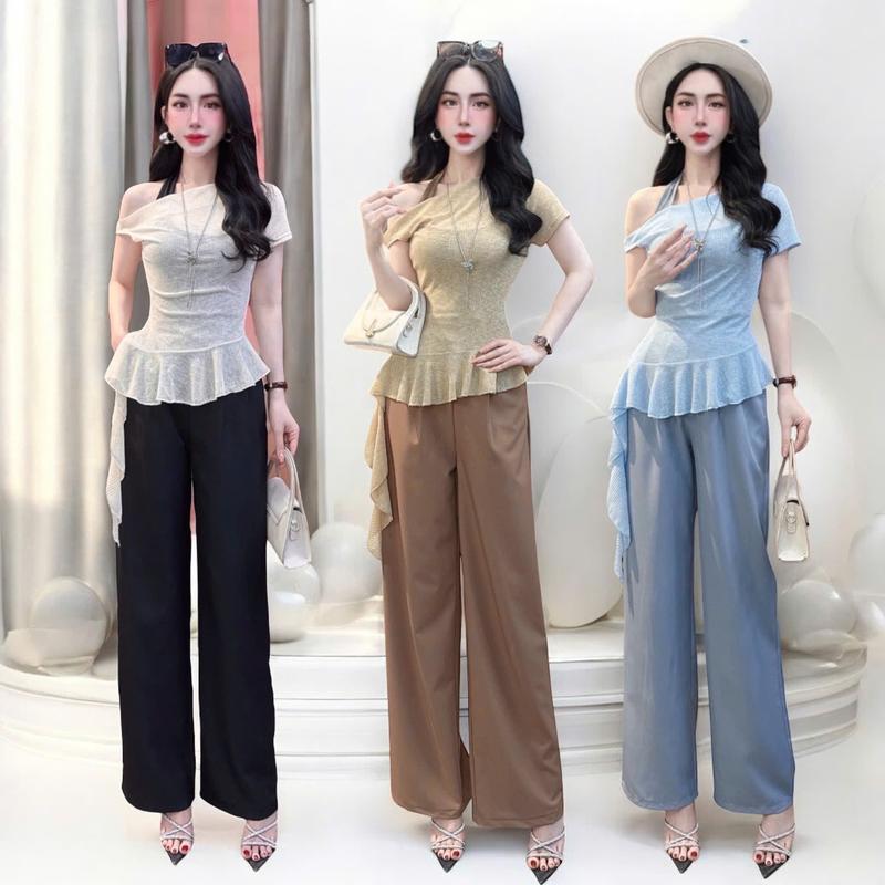 ( Quần dài 103cm ) Set quần áo CRAZYTEEN S6107 gồm áo kiểu tay ngắn lệch vai tà bèo và quần suông để đi chơi ( Áo kiểu lệch vai/ Áo yếm/ Quần suông ) Set đồ