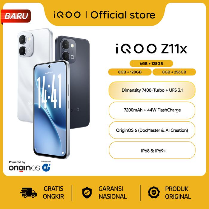 Gambar iQOO Z11x, Dimensity 7400-Turbo, 7200mAh Big Battery, 44W FlashCharge, OriginOS 6, vivo AI, 120Hz Display, IP68&IP69+ dari vivo Indonesia Kab. Tangerang Tokopedia