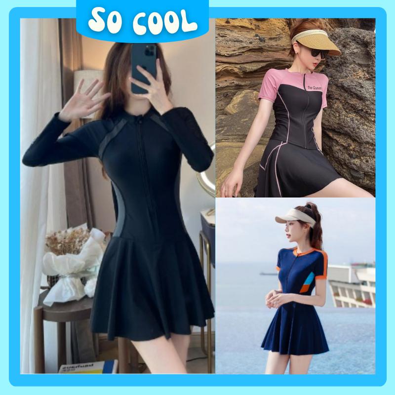Đồ bơi nữ liền thân váy kín đáo bikini một mảnh có khóa zip kéo đi biển tay dài và tay ngắn kiểu dáng hiện đại Queen 004