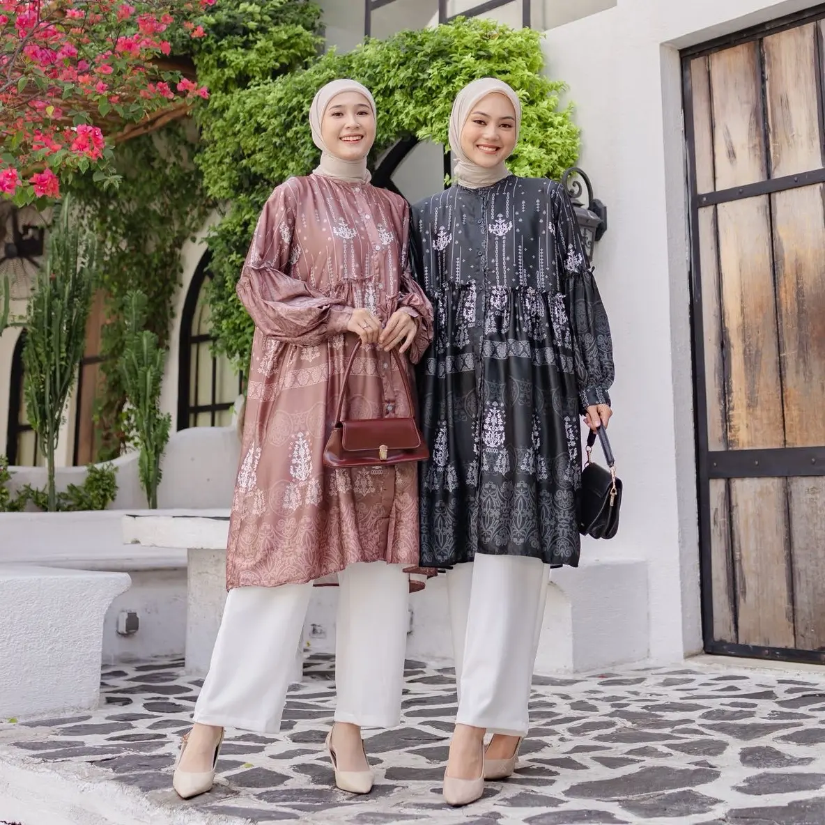 Shanum Tunik Silk Parttern Baru Wanita - Crinkle, Oversize, Variasi, Balon, Muslim, Kancing, Panjang