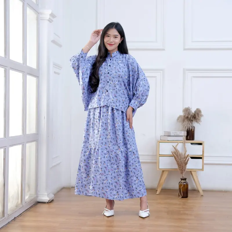 Setelan NAURA 0ne set baju dan rok Motif Kekinian Busui Friendly Wanita   Rayon Batwing Kancing Panjang Twill Lembut Viscose Atasan Nyaman Kerah Celana Bawahan 2