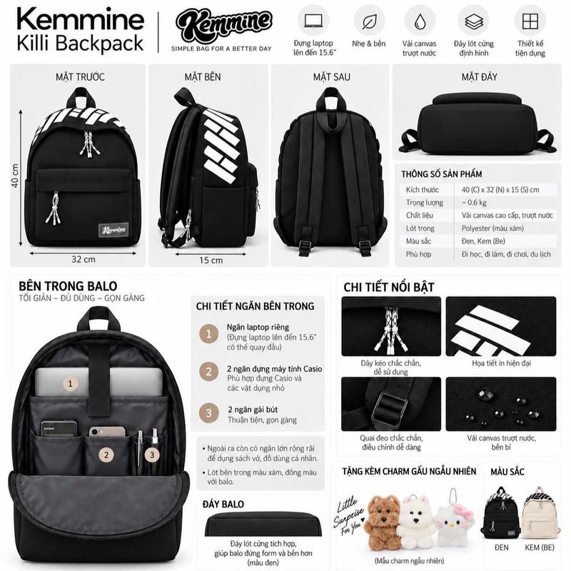 Balo Kemmine Killi Canvas Trượt Nước Laptop 15.6 Inch Unisex – Balo Đi Học Đi Làm Minimalist Streetwear