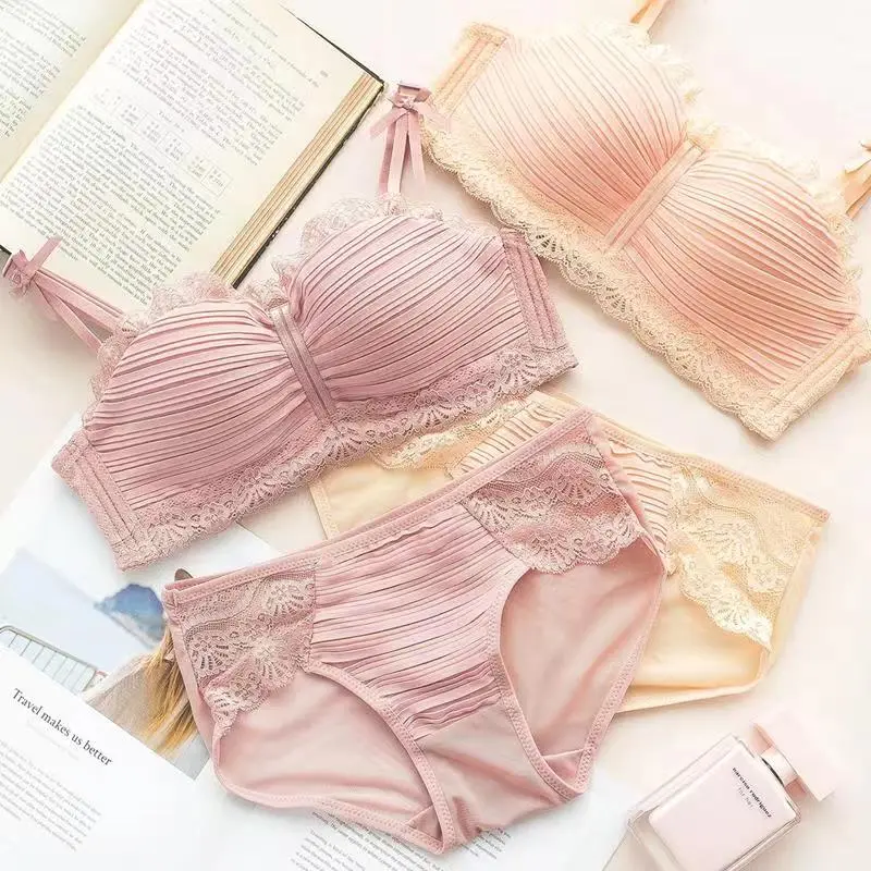 Set (Bra+Celana Dalam) kawat push-up anti-eksposur seksi pita jaring renda merah muda putri manis versi Korea 5