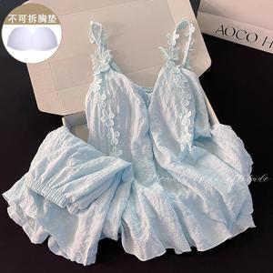 ชุดนอนบุนวมสำหรับผู้หญิง คอลเลคชั่นฤดูร้อนใหม่ ลายดอกไม้สีน้ำเงิน กางเกงขาสั้น ชุดอยู่บ้านหวานและหลวม ชุดสองชิ้น