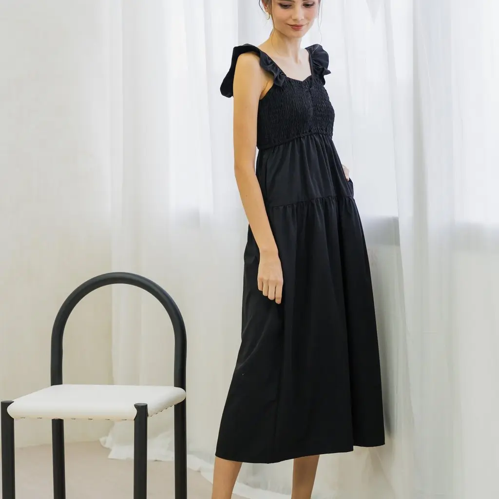 TSW Kataleya Ruffle Smocked Maxi Dress In Black