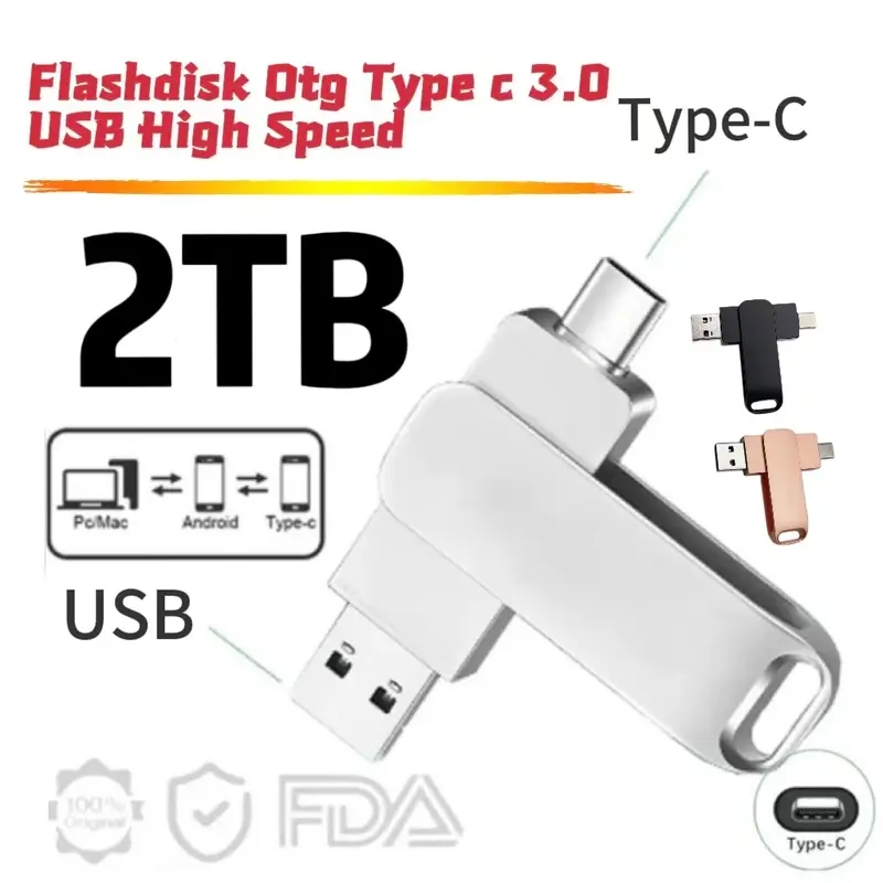 2TB Flashdisk type c 1TB 3.0 usb High Speed 32GB 128GBB 512GB 256GB Anti Air Untuk Komputer Penyimpanan Hitam Merah Otg Storage 1