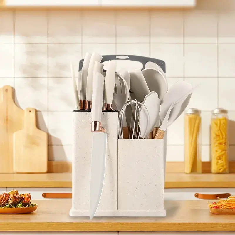 Conjunto de 19 utensílios de cozinha de silicone antiaderente, incluindo espátula, concha para sopa e jogo de facas com cepo. - 2