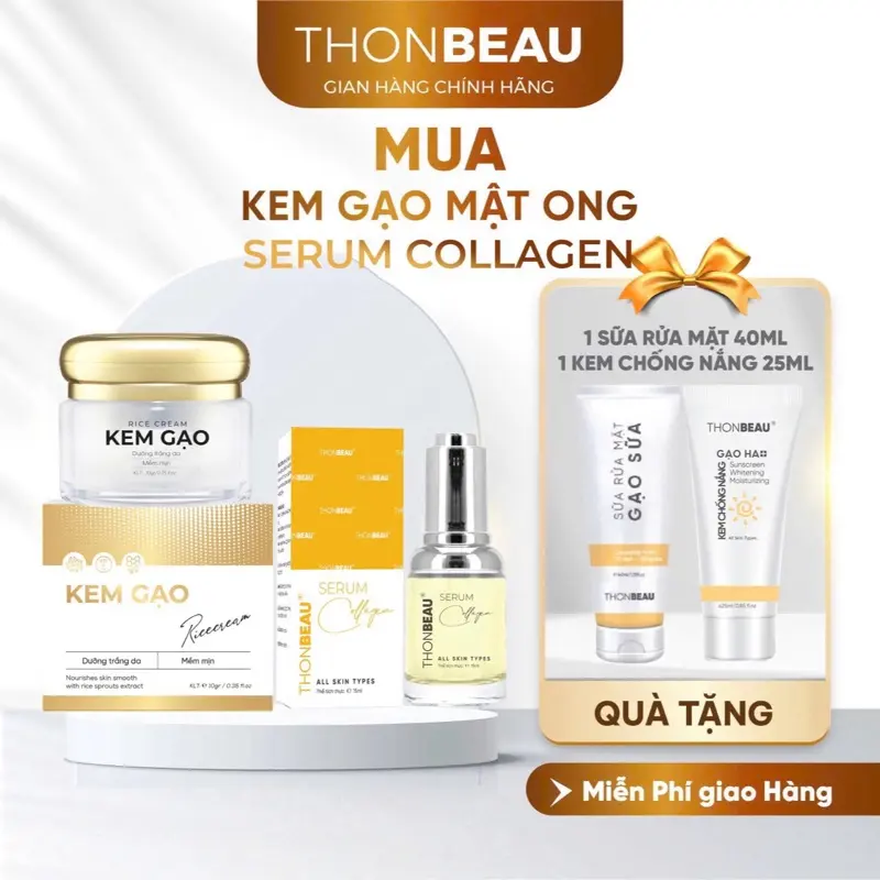 [Combo 4 Món]  KEM GẠO MẬT ONG+ SERUM Collagen  (Tặng Thêm 1 Chai Sữa Rửa Mặt 40ml+Và 1 Chai Kem Chống Nắng nhỏ 25ml ) Skincare 0