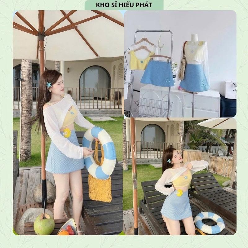 (Xả Kho) ( Tặng Kèm Áo Lưới ) Set Đi Biển Áo Balo Hoa Nổi Phối Chân Váy Kẻ Xốp Dáng A Mùa Hè by Hp