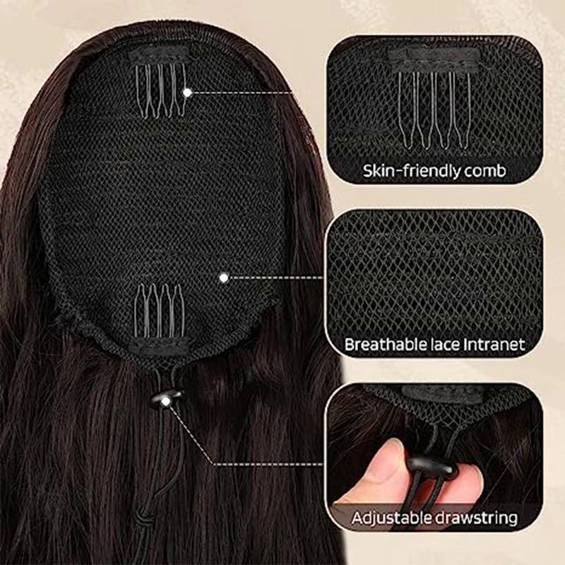 Tóc Đuôi Ngựa Sóng 24 Inch, Kẹp Dây Rút Đuôi Ngựa, Nối Tóc, Kẹp Tóc, Tóc Đuôi Ngựa Dài, Tóc Giả Tổng Hợp Tự Nhiên Cho Nữ 2