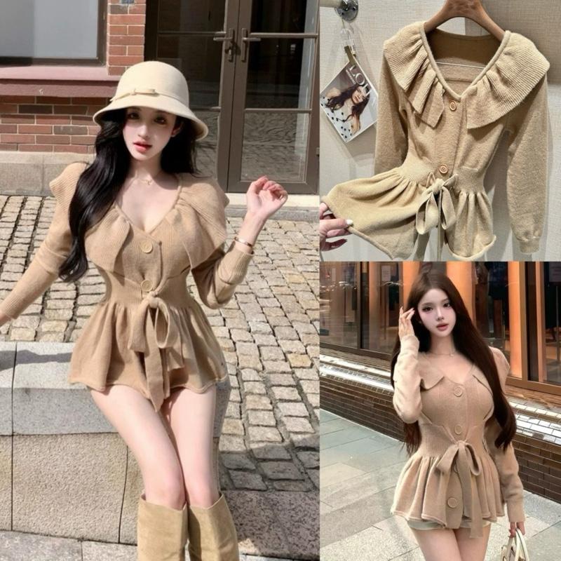 QC Chính Phẩm Live Sao Gửi Vậy Áo Len Cổ Bẻ Dáng Peplum Ôm Eo Dây Buộc Tay Dài Phối Cúc Bản To Màu Nâu Tây Sang Xinh Cho Nữ Phù Hợp Nhiều Dịp By DiepGZ11125