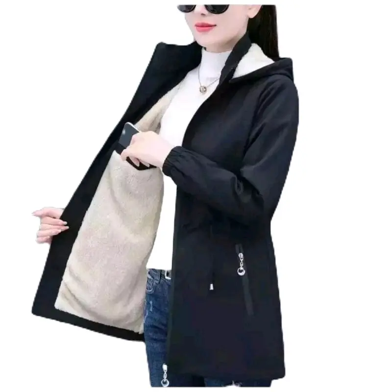 Jaket Mantel Bulu Wanita Style Korea Jaket Winter Musim Dingin Nyaman Panjang Nyaman Panjang Tebal Waterproof Hitam Merah