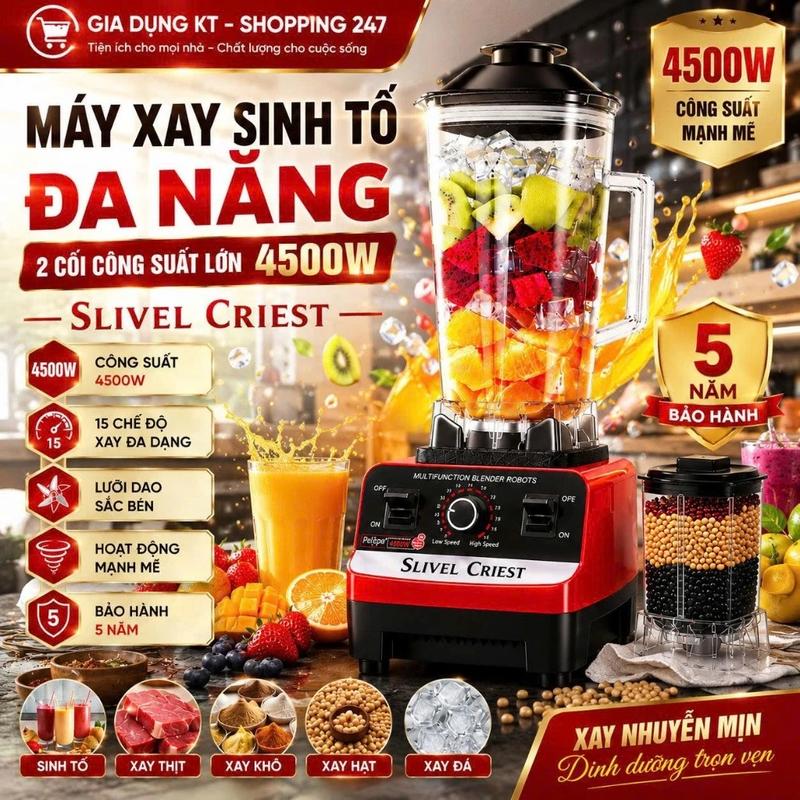 Máy Xay Sinh Tố SC 1589 4500W Bản 2 Cối (Lưỡi Dao Thép 6 Cánh)