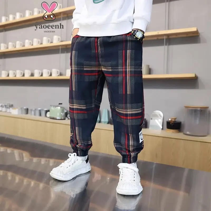 110-160cm Children's Loose Casual Checked Pants Medium Large Boys Girls Fleece Lining Thickened Warm Sports Trousers Ready Stock Fast Shipping