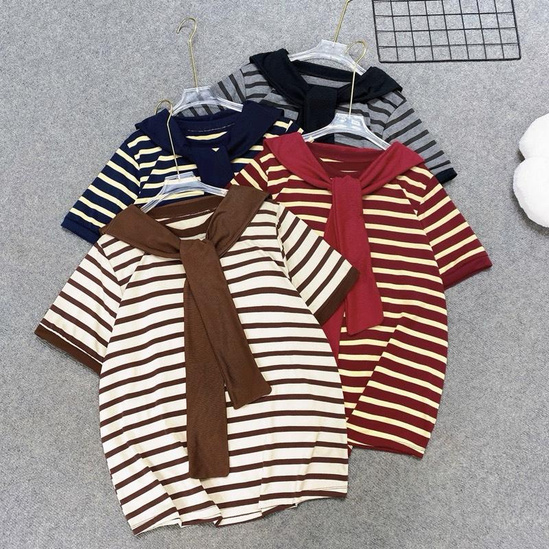 Thời Trang Bigsize Áo Thun Sọc Ngang Co Giãn Kèm Khăn Xinh Xắn Cho Nữ Từ 50 Đến 95kg A308 Chất Cotton Thấm Hút Mồ Hôi Phù Hợp Mọi Dáng Người