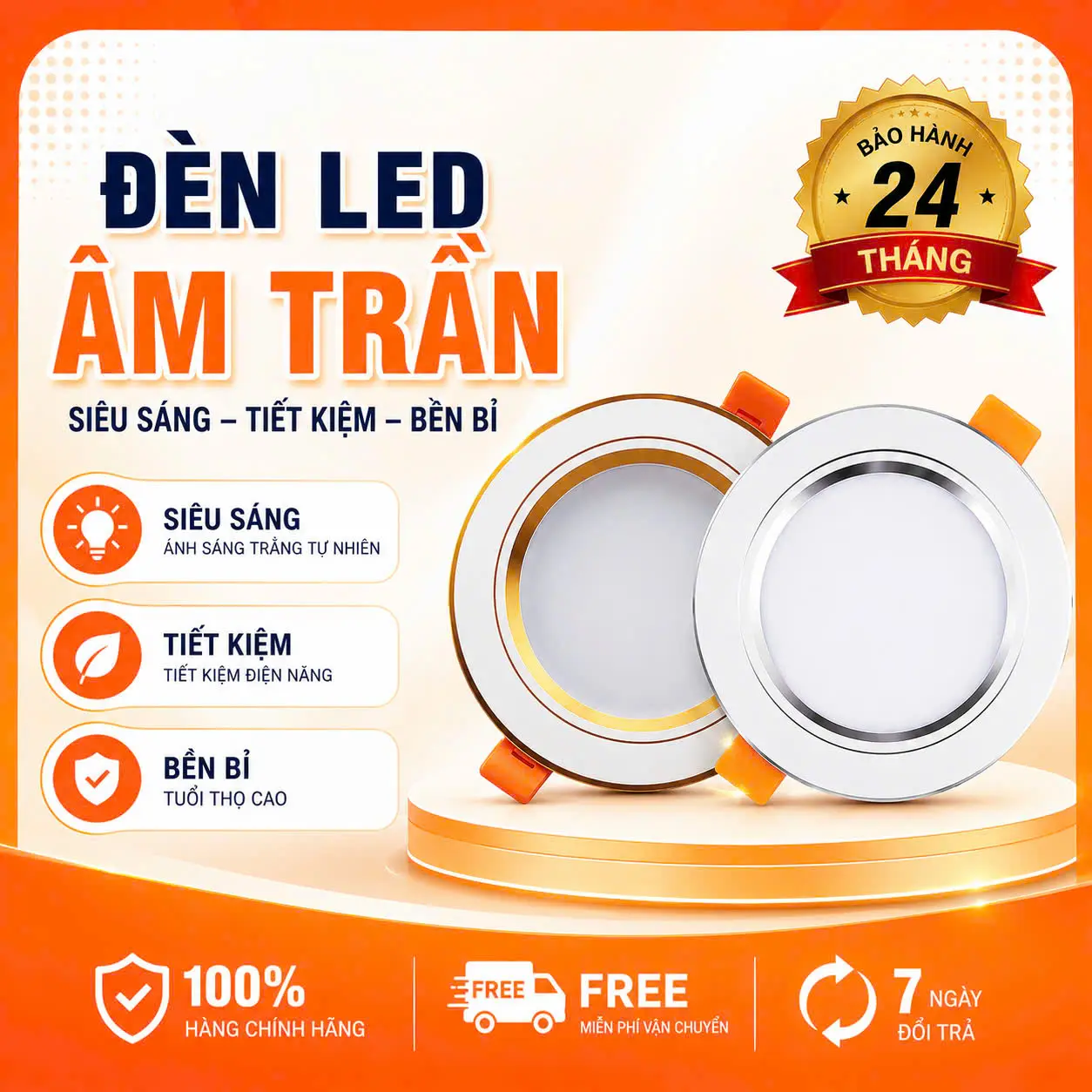 COMBO 10 Đèn LED Âm Trần 7W 9W 12W | Phi 90 Phi 110 | Viền Vàng Viền Bạc | Nguồn Rời | Đế Nhôm Đúc Tản Nhiệt