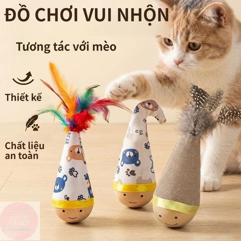 Đồ Chơi Lật Đật Cho Mèo Bằng Gỗ Tự Nhiên, Kèm Lông Vũ Và Chuông, Đồ Chơi Vận Động Cho Mèo