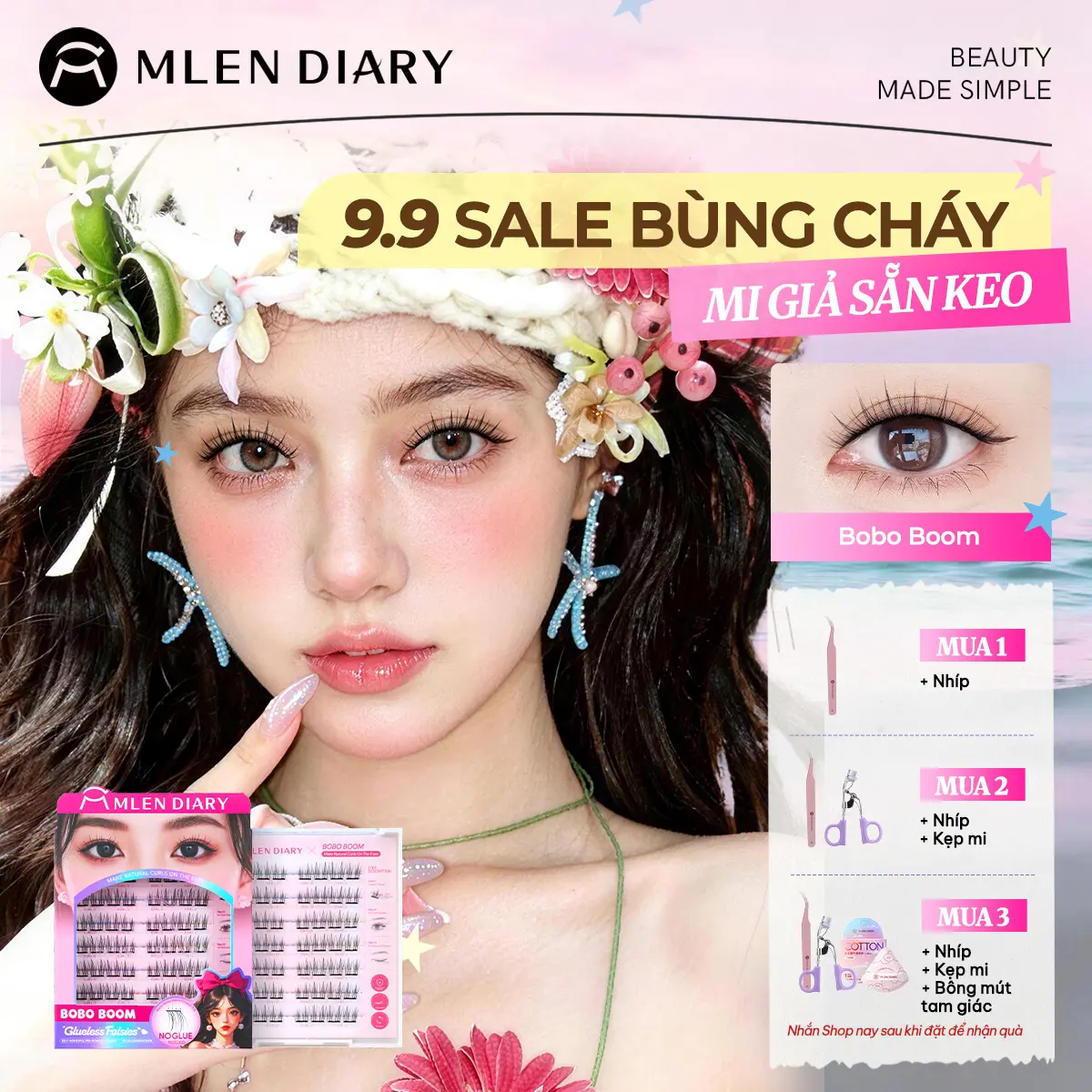 Mlen Diary – Mi giả, Mi cụm, Mi Tự Dính, Mi Sẵn Keo Pha Lê Đen, Phong cách cute, trong trẻo – Mi nhẹ, không keo, dễ dùng cho người mới,mi tự nhiên, mi baby, mi đi học, mi Hàn Quốc,nhẹ tênh, dán nhanh, mi đẹp dịu dàng - Mi Bobo Boom - Blingbaby series