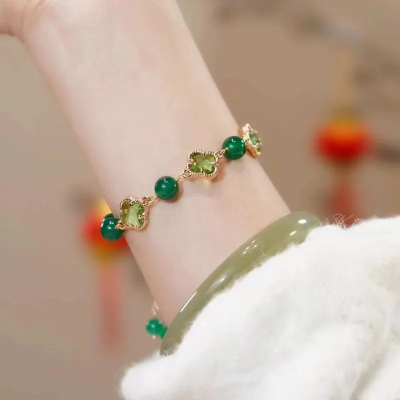 T19 (Beli 2 dapat Bonus) H-girl888 High & quality COD Gelang giok serut hijau bunga titanium Elegant model korea simple elegant steel titanium bracelets manik manik serut clove/Gelang giok serut hijau