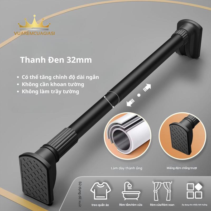 Thanh treo không khoan tường 32mm bản nâng cấp mới 2025 nâng cấp đầu chụp dạng xoay cố định tiện lợi không cần khoan treo rèm cửa quần áo vuaremgiasi