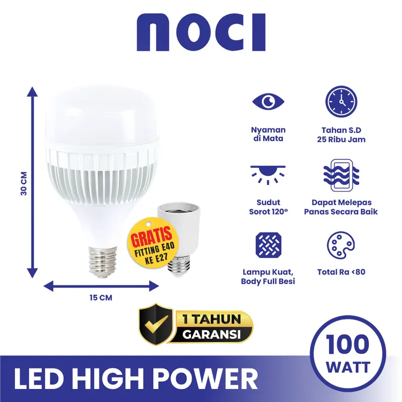 Noci Lampu Pabrik Industri/Gudang LED High Power 100 Watt E40 [GRATIS FITTING CONVERTER KE E27] Cahaya Putih 6500K Super Terang