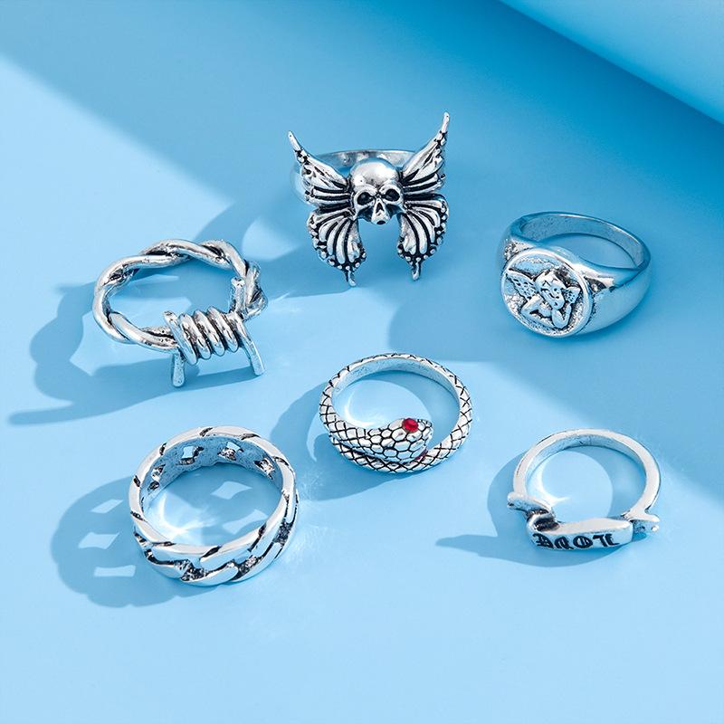 Product Introduction of 【Sktlz】5/6/7/9PCS-Creative Simple Personality Women Ring Set Spider Snake Shape Geometric Love Spade Butterfly 17