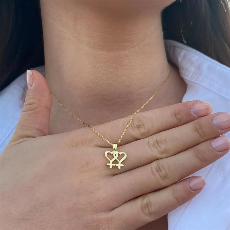 【FO】Dây chuyền choker bằng thép không gỉ hình trái tim đôi với biểu tượng Venus, dành cho phụ nữ, các cô gái và người đồng tính nữ, mặt dây chuyền chủ đề tự hào LGBTQ+, quà tặng trang sức