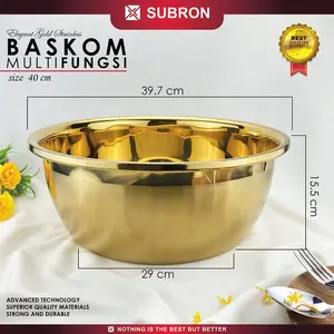 SUBRON Baskom Stainless Gold 40cm Tinggi Tebal Emas Multi Fungsi Wadah Sayur Cuci Daging Kilap Doff