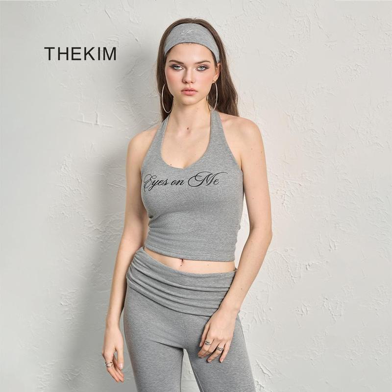  THEKIM Set Lẻ Áo yếm   có mút ngực   EYES ON ME và quần ống loe cạp gập  chất liệu soft rib 100% contton 