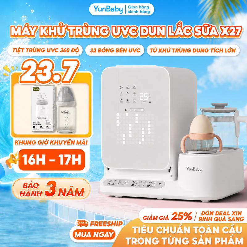 【LIVE - TIỆT TRÙNG 360 ĐỘ, SẠCH SÂU 99,99%】Máy Đa Năng YunBaby X27 Tiệt Trùng 32 Bóng UVC 99.99% Sấy Khô Plasma Pha Sữa Giữ Nhiệt 24H Lắc Sữa Không Ồn Tích Hợp 12 Chức Năng Hâm Sữa Bảo Quản Hút Mùi Lọc HEPA Giải Pháp Cho Mẹ Bận Rộn Đêm Yên Giấc
