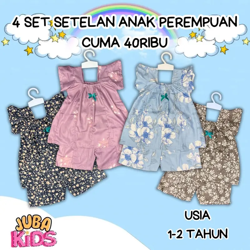 4 Set Setelan Anak Perempuan Bahan Rayon | One Set Anak 1-2 TH Bahan Rayon | Setelan Pendek Anak | Baju Anak Perempuan Kids 0