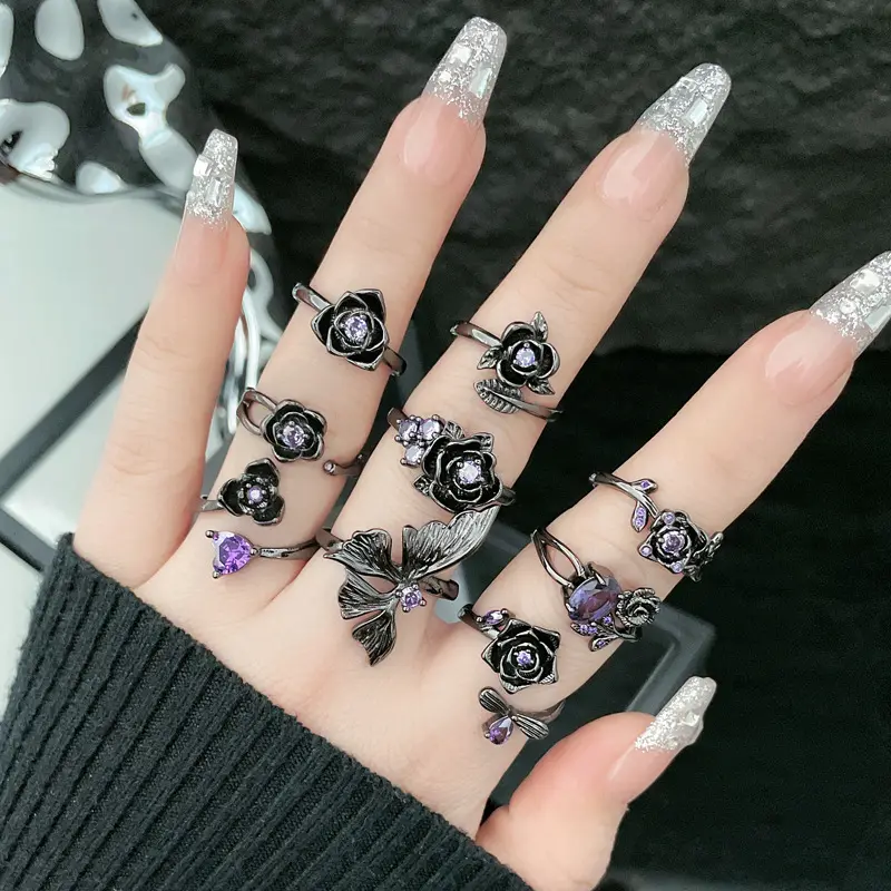 Retro Fashion Trendy Cool Dark Rose Blossoms Open Ring